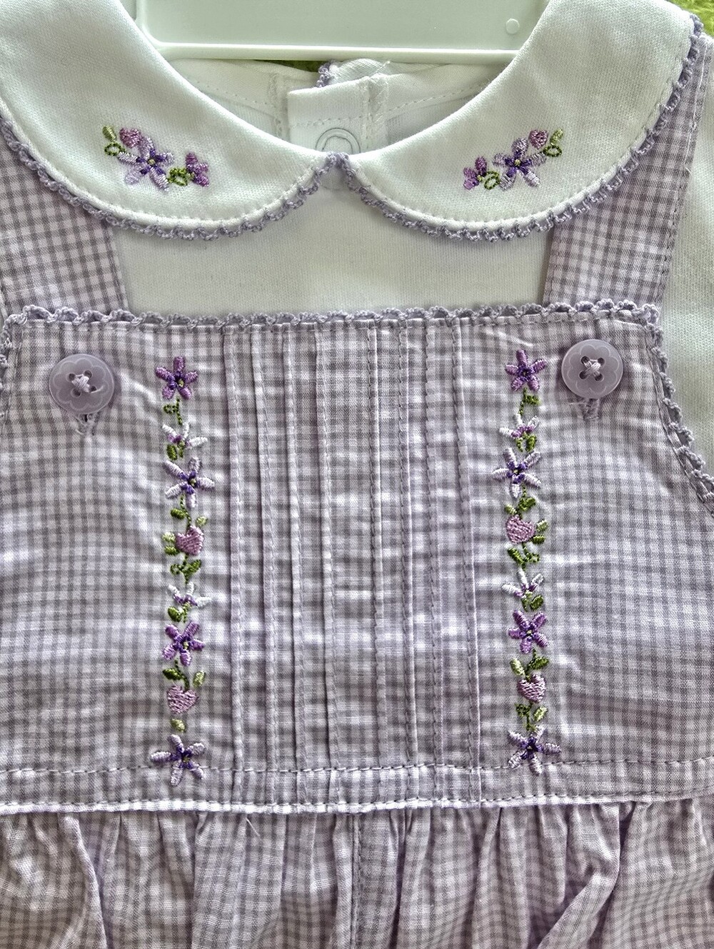 NWT  0-3M Baby GIRLS Lilac Gingham Embroidered OVERALLS TOP + HAT SET (Q1) - Picture 4 of 5